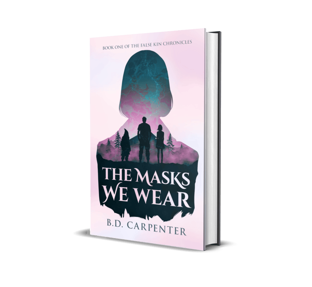 Cover of The Masks We Wear. A silhouette with three figures inside. From Left to right: A short mane with a hat, a tall man with a staff, and a thin woman woman.