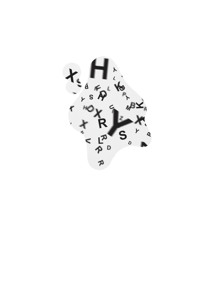Abstract design featuring scattered black letters on a white background, shaped like a blob.